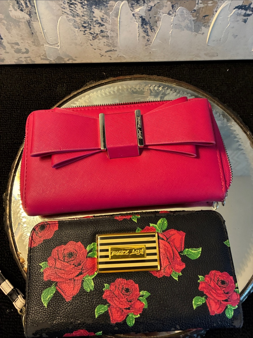 Betsey Johnson Bundle (2) Hot Pink Zip-Around Wallet with Bow Accent & Roses
